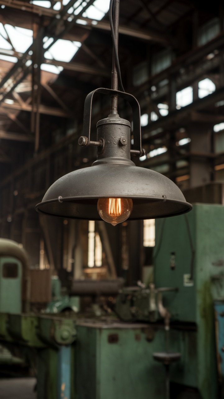 A symphony of steel and light! This vintage industrial lamp, with its exposed bulb and raw metal finish, hangs proudly in a space where history and design collide. The perfect blend of rustic charm and urban edge.