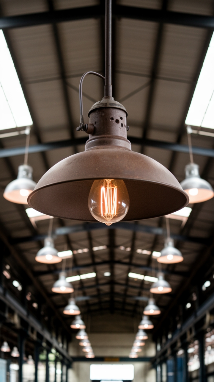 Raw, honest, and undeniably cool. This vintage industrial pendant, a beacon of rustic charm, casts a warm glow against the backdrop of a sprawling warehouse space. The exposed bulb and weathered metal speak to a bygone era, while the multiple hanging lamps create a captivating industrial symphony.