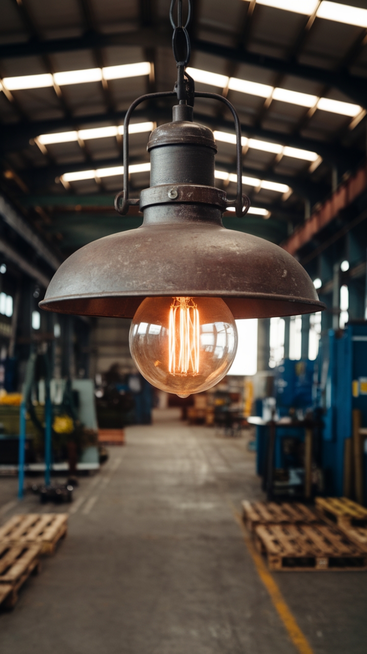 A symphony of industrial grit and incandescent charm. This warehouse scene is transformed by a single, perfectly placed vintage pendant light. Its warm, inviting glow softens the harsh lines of the concrete and machinery, creating a captivating juxtaposition of textures and tones. The perfect blend of raw and refined.