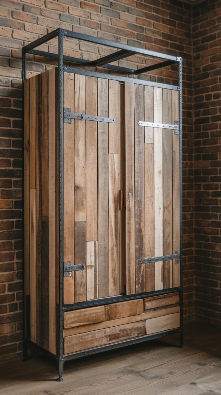 Raw brick meets refined rusticity in this loft space, anchored by a stunning industrial wardrobe. The marriage of reclaimed wood and steel creates a captivating focal point, blending vintage charm with modern minimalist aesthetics.