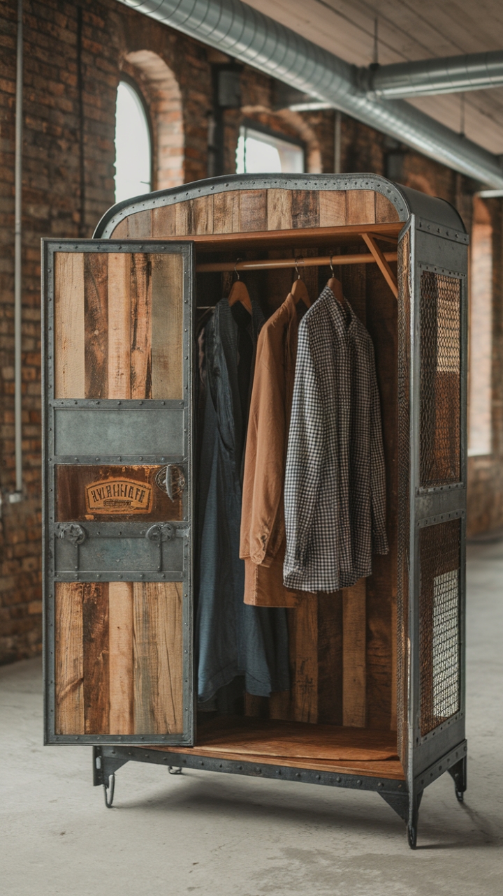 This isn't just storage; it's a statement. A vintage industrial wardrobe, crafted from reclaimed wood and accented with a striking metal frame, commands attention in any loft setting. Clothes within hint at the curated life it serves, a beautiful blend of rustic charm and steampunk flair against the backdrop of exposed brick and pipes.