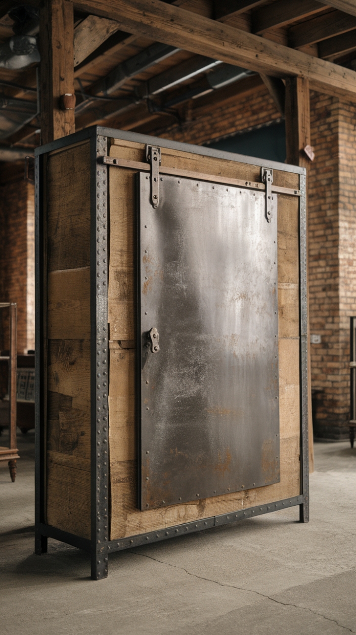 Raw, reclaimed wood cradles a steel behemoth: this industrial wardrobe is the ultimate statement piece for a loft brimming with character. Its vintage charm speaks volumes, a perfect blend of rugged and refined in a space where exposed brick and concrete whisper tales of urban grit.