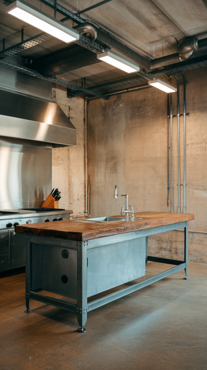 Ready to fall for the raw beauty of industrial chic? A reclaimed wood countertop anchors this steel kitchen island, its aged texture a stunning contrast to the sleek metal and exposed pipes. Concrete floors and industrial lighting complete the look, creating a space that's both strikingly modern and wonderfully warm.