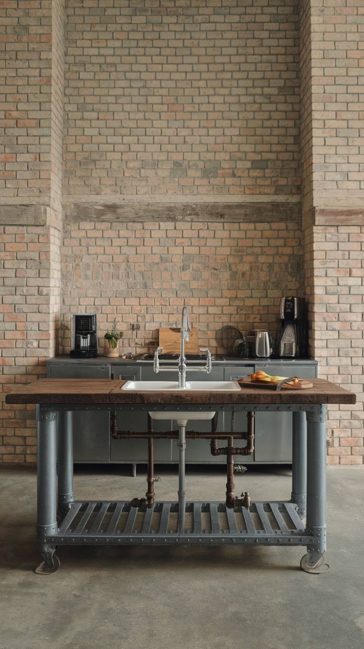 Imagine prepping meals on this stunning centerpiece: a vintage-inspired steel kitchen island, its reclaimed wood top a warm contrast to the exposed pipes and cool concrete floor. The exposed brick adds a touch of urban grit, creating a kitchen that's both strikingly modern and undeniably inviting.