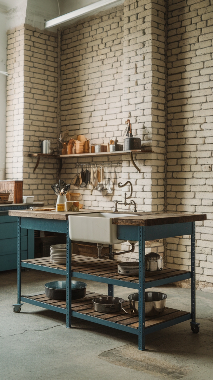 Imagine yourself whipping up a storm in this stunning kitchen! The juxtaposition of a rustic wooden island, complete with a vintage sink, against the backdrop of exposed brick and a sleek metal frame is pure design magic. Concrete floors ground the space, creating a haven of industrial chic perfect for both casual weeknight meals and sophisticated dinner parties.