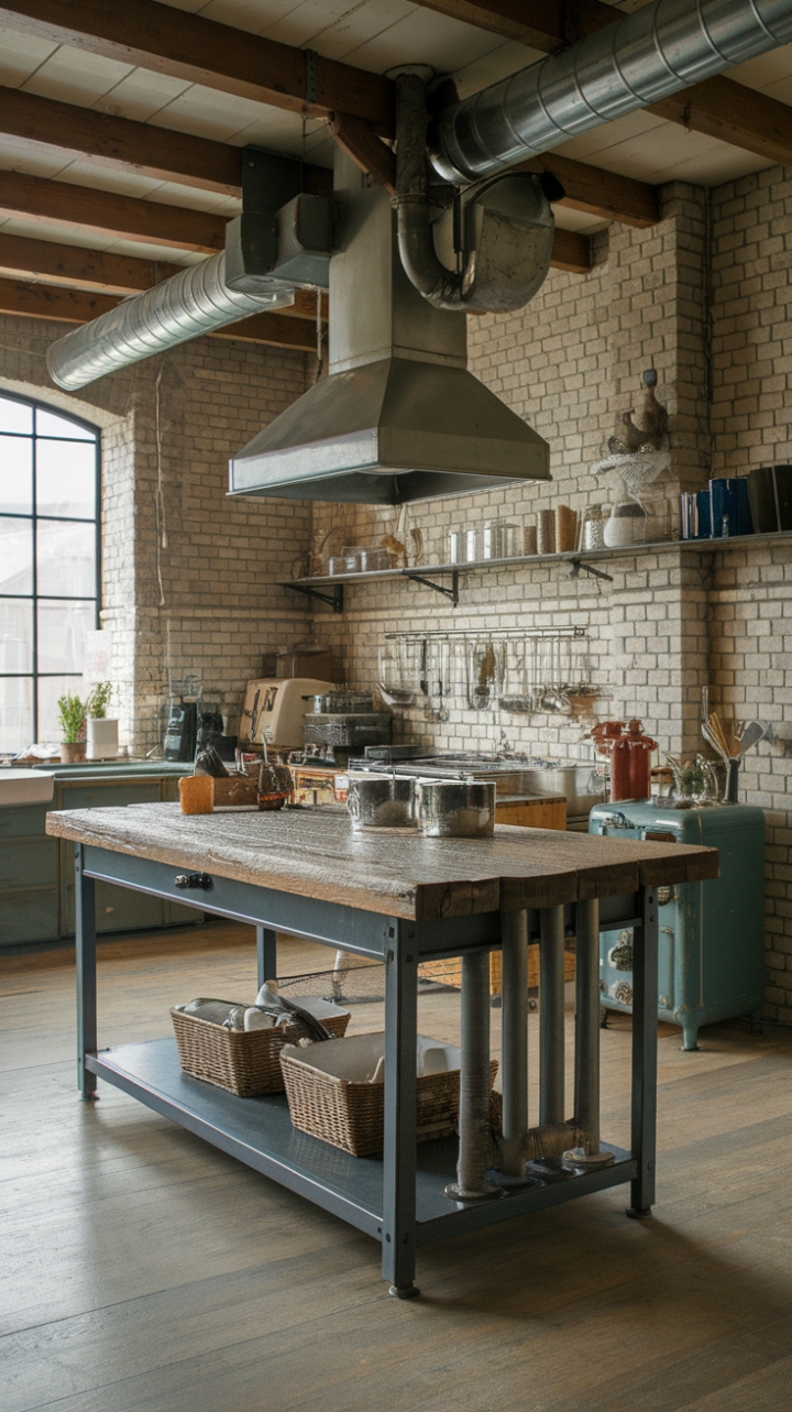 Ready to fall head-over-heels for this industrial-chic kitchen? A hefty rustic wood island, grounded by a sleek steel frame and punctuated with exposed pipes, anchors the space. Vintage appliances and well-loved utensils add to the lived-in charm, perfectly complemented by the exposed brick and warm wood beams overhead. This isn't just a kitchen; it's a statement.