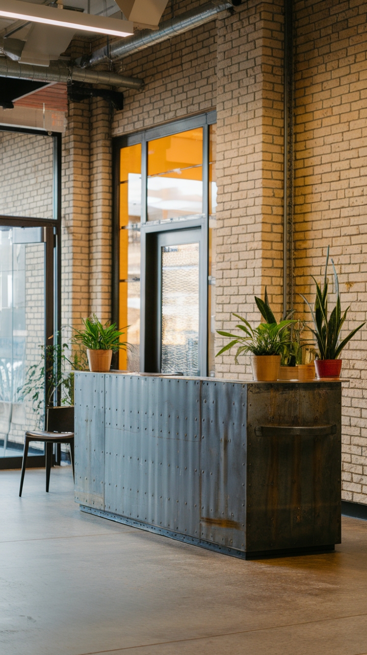 Raw industrial chic meets unexpected serenity. A metal reception desk, softened by lush greenery, anchors this sun-drenched lobby, its exposed brick and concrete floor a testament to reclaimed beauty. The perfect blend of urban grit and tranquil calm.