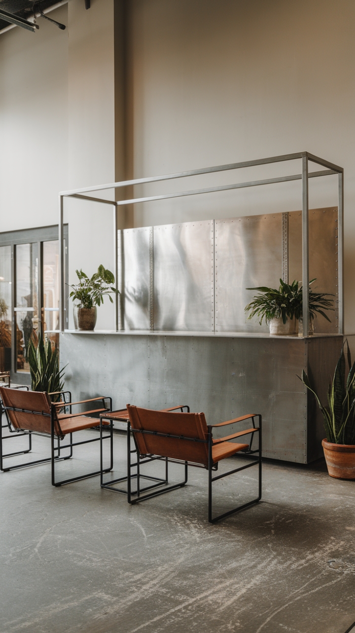 Raw industrial chic meets minimalist serenity. A steel reception desk, softened by lush greenery and comfortable leather seating, anchors this modern lobby's cool concrete expanse. The subtle imperfections of the space only add to its undeniable charm.