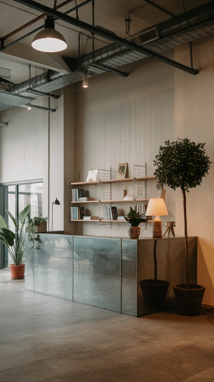 Imagine a workspace where creativity thrives: This modern lobby masterfully blends industrial grit with organic warmth. The metal reception desk, adorned with plants and sculptural accents, anchors the space, while the thoughtfully arranged shelves add personality without sacrificing the clean lines of the design.