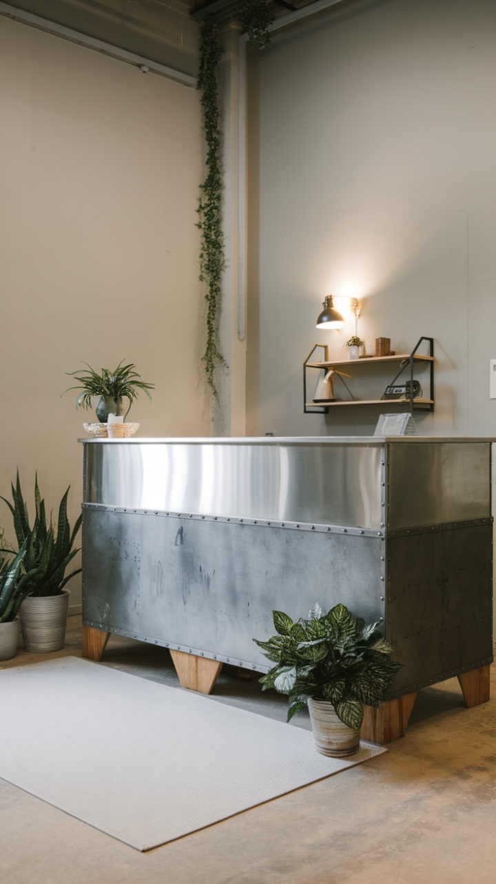 Sleek steel and subtle wood tones define this industrial-chic reception area. The minimalist design is softened by lush greenery and a plush white rug, creating an inviting and professional atmosphere bathed in natural light.