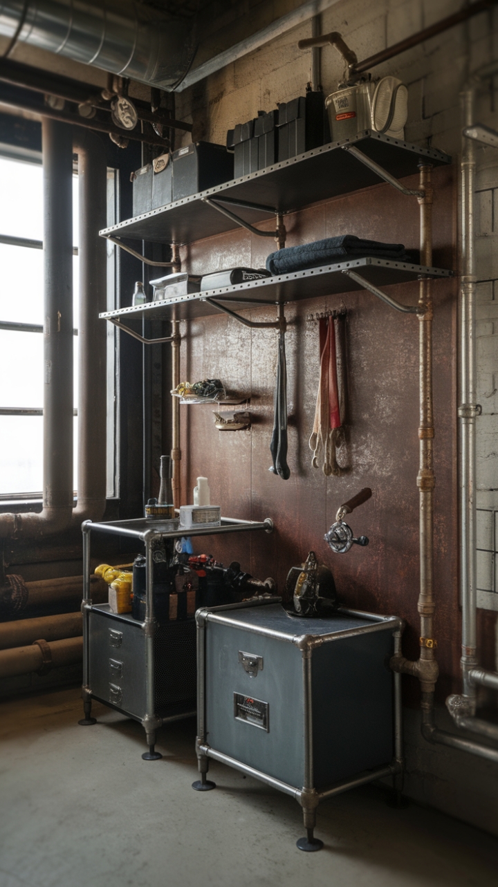 Imagine the whispered stories held within this unique closet! Its steampunk design, crafted from vintage pipes and showcasing a collection of intriguing tools and objects, adds a layer of captivating history to any industrial bathroom. The rustic shelving and metal cabinetry provide ample storage, while the exposed pipes and window add to the space's raw, authentic beauty.