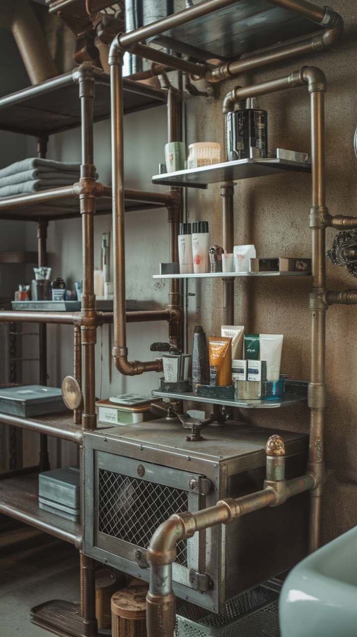 Ready to inject some serious industrial chic into your bathroom? This vintage pipe furniture setup is a masterclass in rustic-meets-refined. Multiple levels of shelving display your favorite bath essentials with a touch of steampunk flair, while the pipe cabinet adds a layer of unexpected storage and visual interest. The whole ensemble creates a captivating focal point, brimming with character and personality.