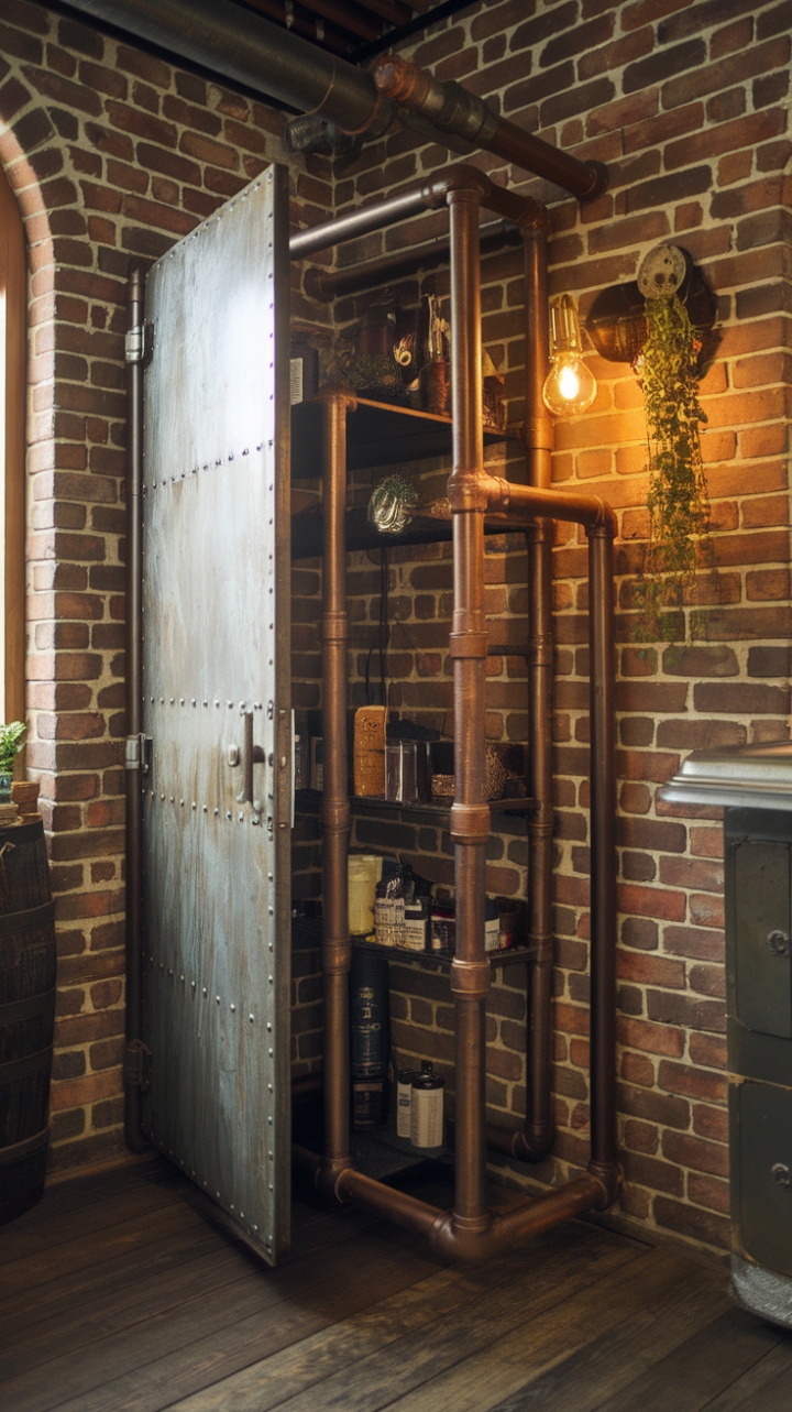Unleash your inner inventor in this breathtaking steampunk bathroom, where exposed brick and warm wood meet the rugged charm of a vintage pipe closet. A curated collection of treasures rests on repurposed plumbing, proving that industrial chic can be both functional and inviting. The soft glow of a vintage lamp casts a welcoming ambiance, making this space a true sanctuary.