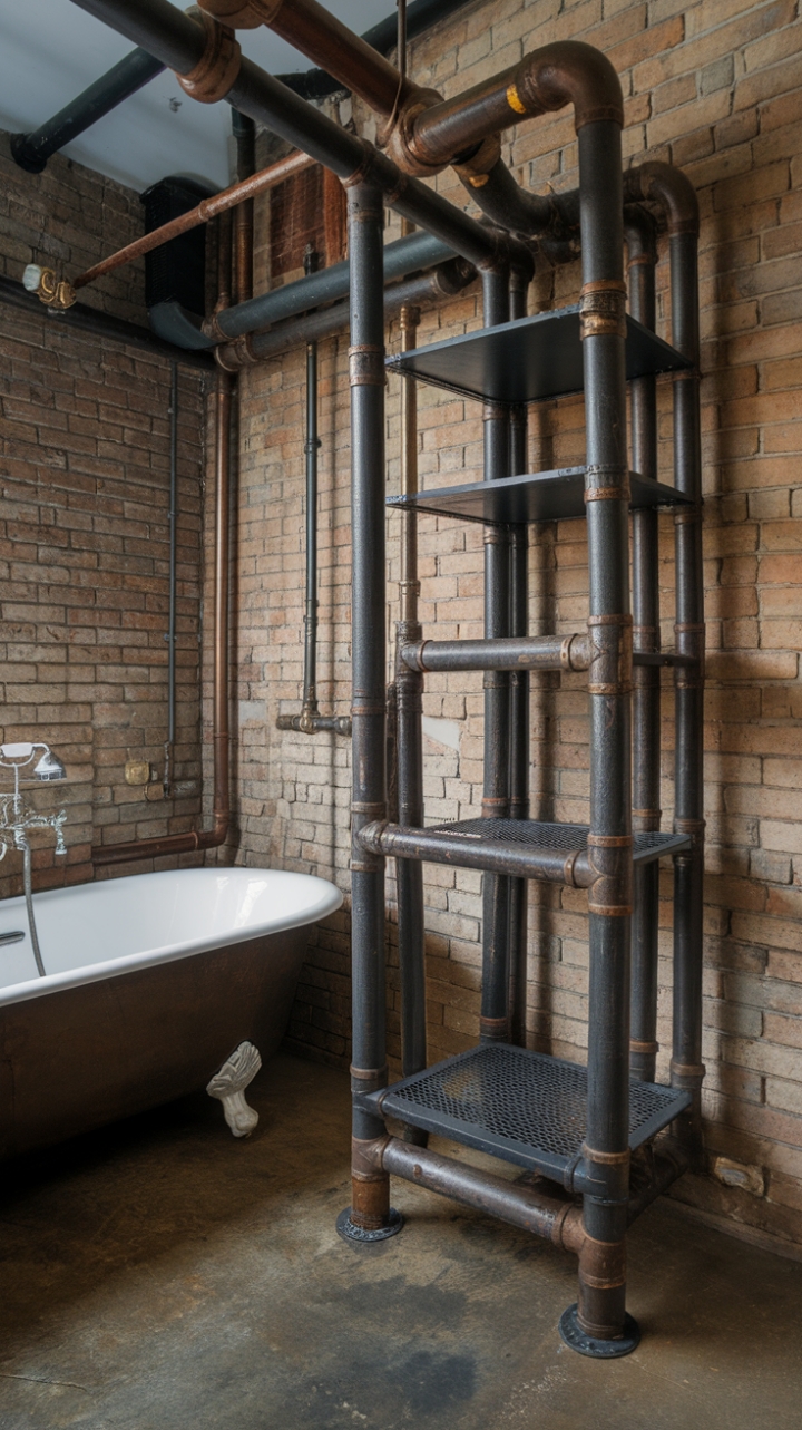 Unleash your inner engineer in this breathtaking industrial bathroom, where vintage metal pipes form a striking, functional closet against a backdrop of exposed brick and a classic clawfoot tub. The raw concrete floor and dark metal accents complete the perfectly imperfect steampunk aesthetic.