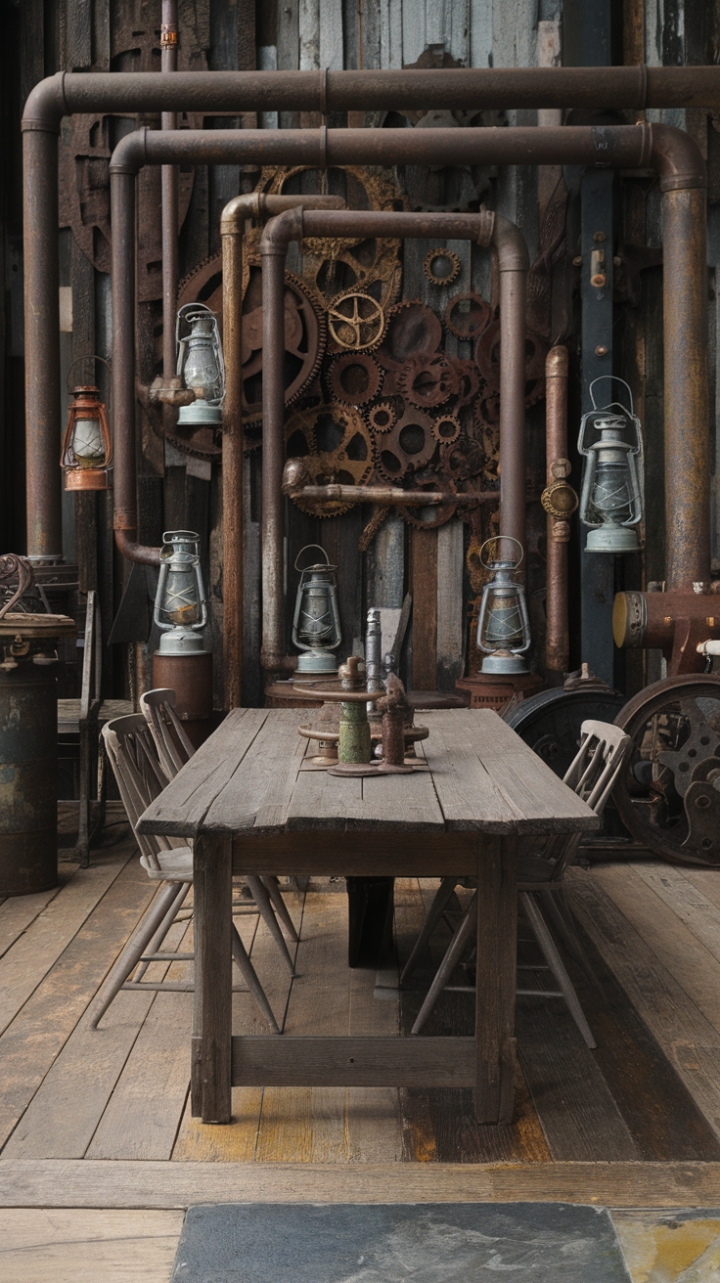 Imagine crafting stories around this breathtakingly rustic industrial haven. A symphony of reclaimed materials, from the floor's unique blend of wood and stone to the aged wooden table, sets the stage for a truly unique living space. The wall, adorned with a mesmerizing array of rusty pipes, gears, and antique lanterns, adds a touch of steampunk magic, transforming the room into a captivating work of art.
