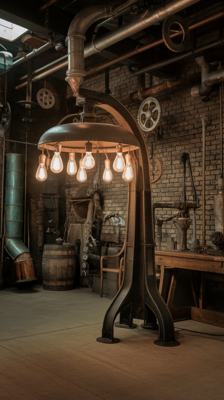 Unleash your inner inventor in this breathtaking vintage industrial space. A colossal antique iron lamp casts a warm glow on exposed brick walls, while an array of tools, gears, and pipes suspended from the ceiling whisper tales of bygone eras. Rustic charm meets retro cool in this captivating scene.