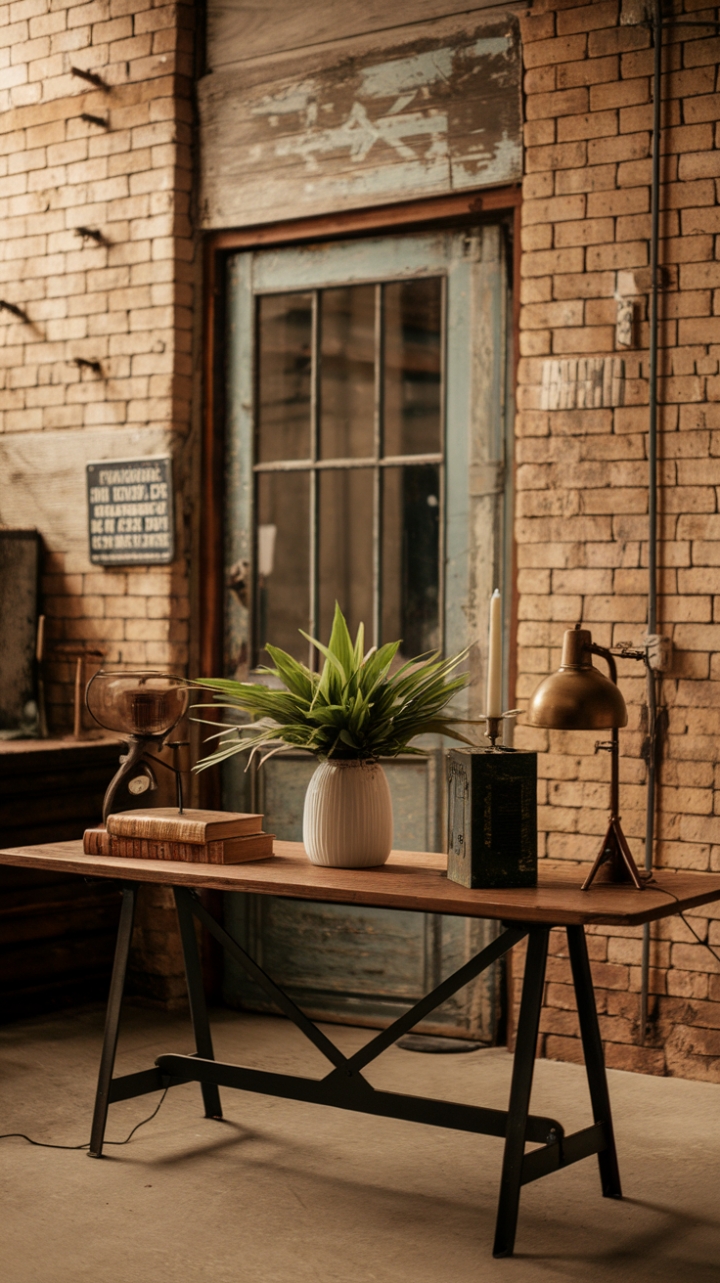 Imagine cozy nights spent in this captivating space: the warm glow of a bronze lamp illuminating a weathered book, the scent of a candle flickering softly against the backdrop of exposed brick. A vintage sign and a few well-placed nails add a touch of playful imperfection, while a lush green plant brings a breath of life to this beautifully aged room. The concrete floor and vintage door complete the scene, creating a space that's both stylish and deeply inviting.