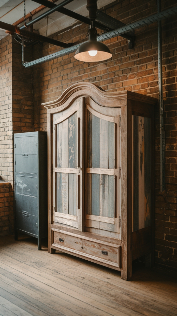 Ready to infuse your space with raw, urban charm? This vintage wardrobe, crafted from reclaimed wood and boasting a rustic design, anchors an industrial-chic haven. Its aged patina pairs perfectly with the steel cabinet and exposed brick backdrop, creating a captivating blend of textures and tones. The room's exposed pipes and wooden floors only enhance the authentic industrial vibe.