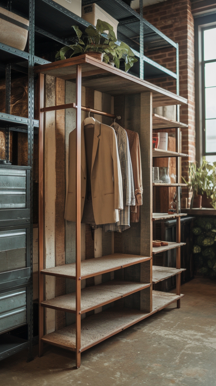 Reclaimed wood whispers tales of bygone eras in this vintage industrial closet, its rustic charm perfectly complementing the factory-inspired space. Exposed brick walls and steel accents add to the loft-style ambiance, while strategically placed greenery softens the industrial edge, creating a captivating blend of raw and refined.