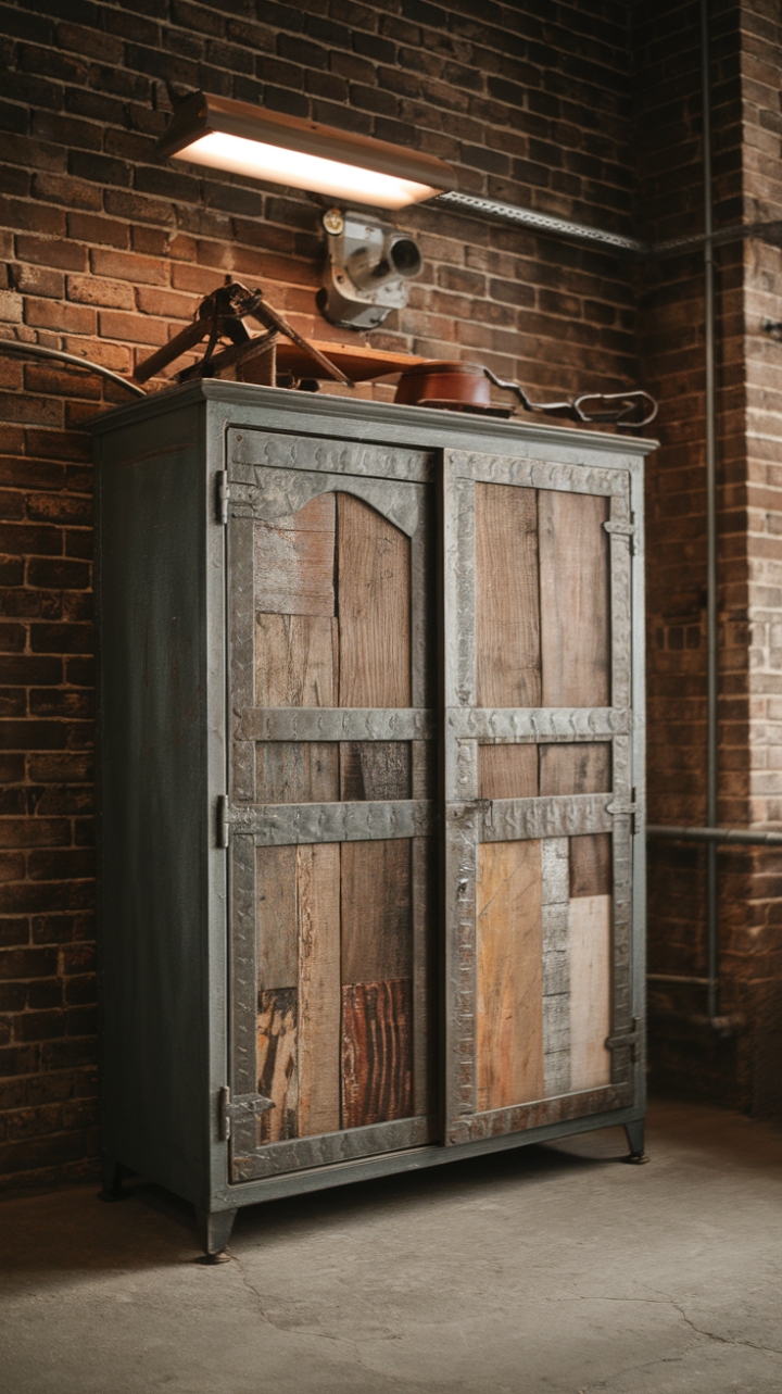 Imagine this rustic beauty anchoring your industrial-chic haven. The juxtaposition of reclaimed wood panels and a sturdy metal frame creates a captivating focal point, while the concrete floor and exposed pipes complete the effortlessly cool aesthetic. Its unique character adds a touch of vintage soul to any modern space.