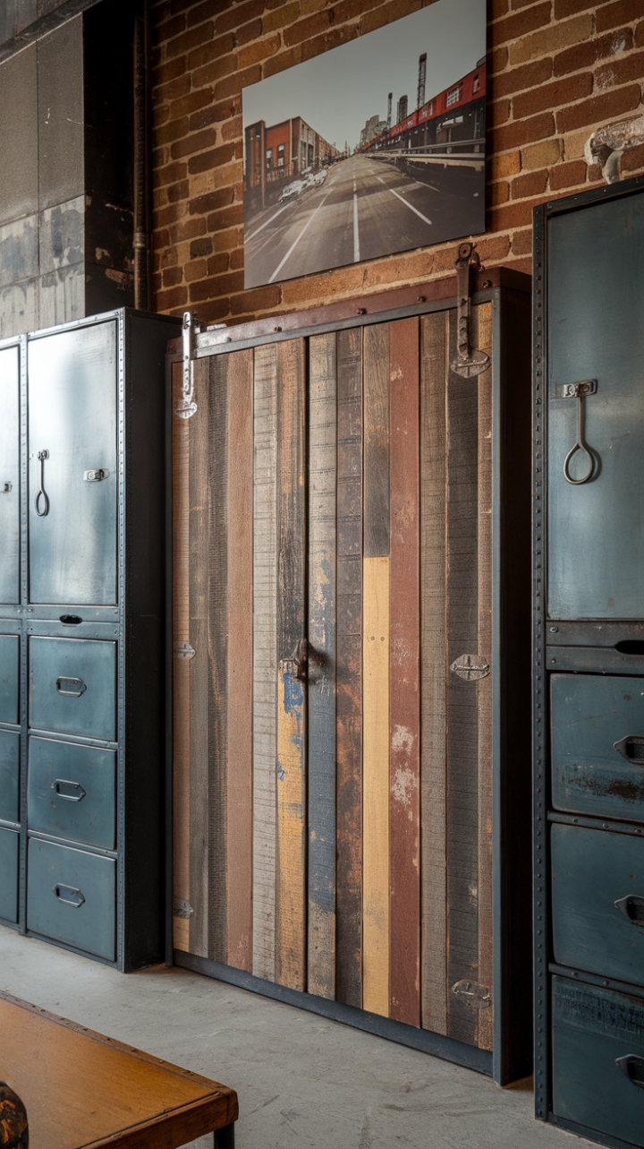 Reclaimed wood whispers tales of time past in this industrial haven. A vintage closet, its rustic charm amplified by exposed brick and steel accents, anchors a loft-style space brimming with urban grit and refined simplicity. The concrete floor grounds the scene, while a cityscape photograph adds a touch of metropolitan flair.