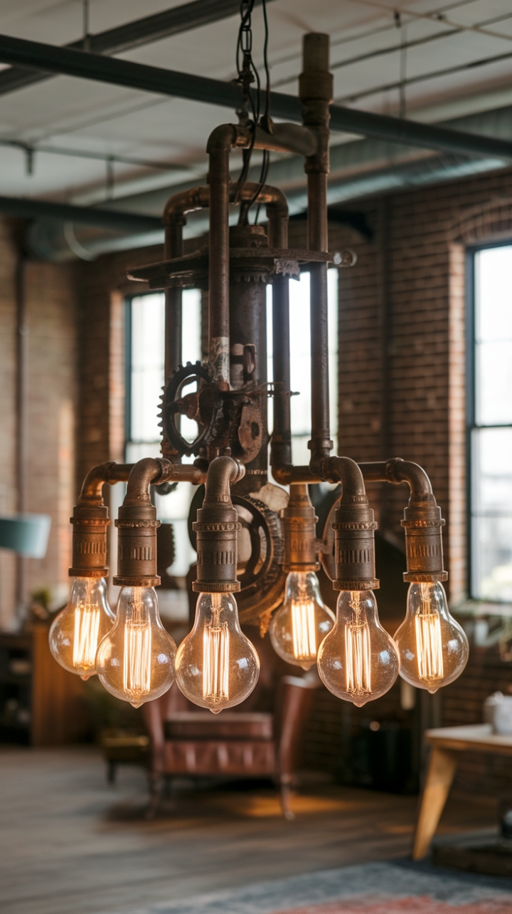 Unleash your inner urban explorer with this vintage industrial chandelier, a masterpiece of exposed bulbs and repurposed metal. Its rustic charm and steampunk aesthetic transform any loft into a captivating haven. The raw brick backdrop only enhances its gritty elegance.