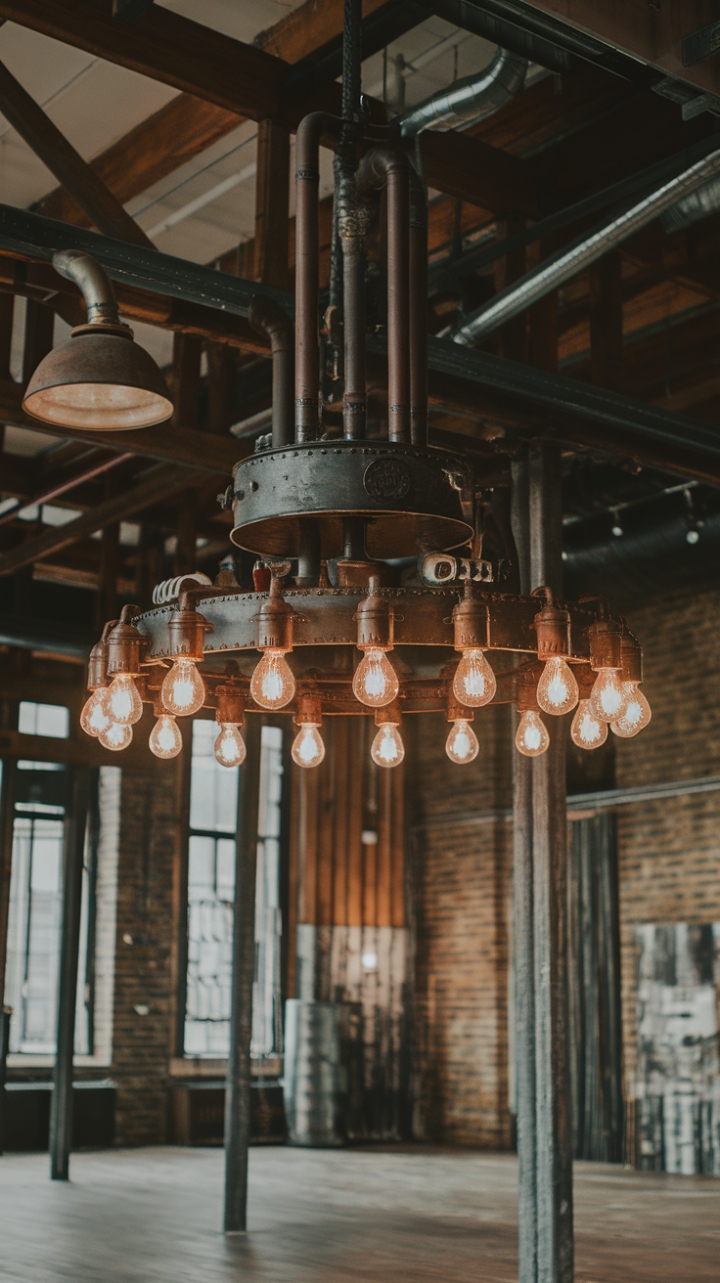 Ready to ignite your space with raw, industrial charm? This loft's exposed brick, wooden beams, and a show-stopping vintage pipe chandelier create an urban masterpiece. The rustic light fixture adds a touch of steampunk magic, perfectly complementing the rich wood floors.