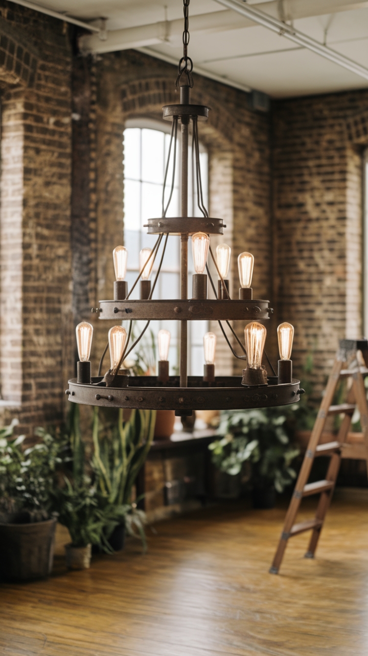 Ready to infuse your space with raw, urban charm? This vintage industrial chandelier, a masterpiece of rustic metalwork and exposed bulbs, hangs proudly in a loft setting, its tiered design a captivating focal point against exposed brick. The warm glow complements the wooden floors and pops of greenery, creating an ambiance that's both lived-in and utterly chic.