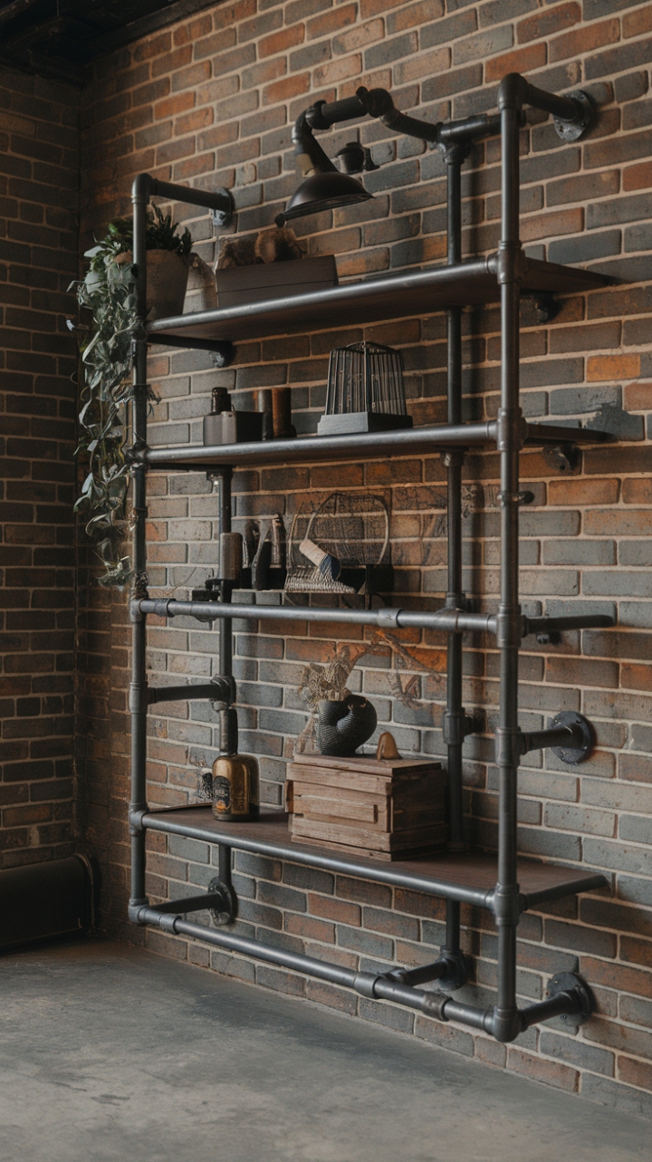 Raw industrial style meets rustic charm in this stunning pipe shelf installation. The aged steel pipes contrast beautifully against the exposed brick, creating a captivating focal point. A curated collection of plants, vintage finds, and warm lighting elements add personality and depth, transforming a simple storage solution into a statement piece. The concrete floor completes the look, grounding the space in a beautifully imperfect aesthetic.