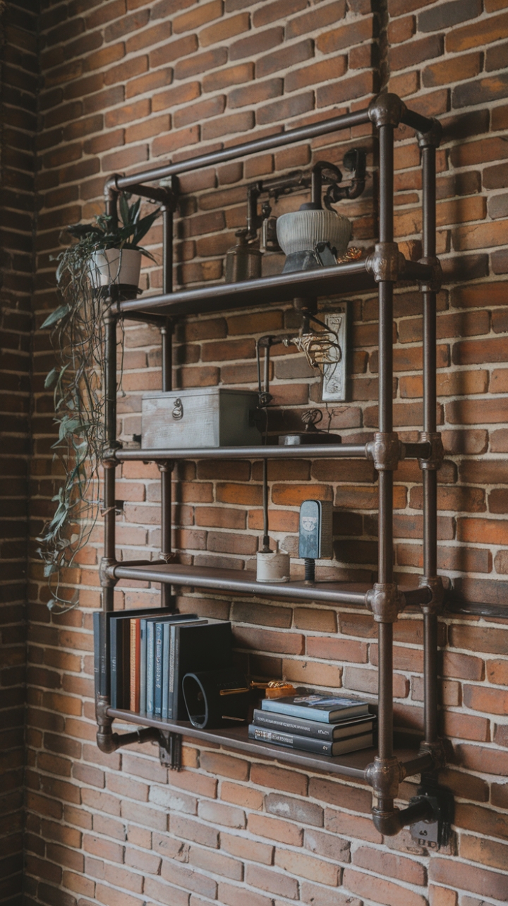 Rustic charm meets modern functionality in this stunning industrial pipe shelf. The multi-tiered design provides ample space to display plants, books, and decorative accents, while the exposed pipes and brick backdrop create a captivating, lived-in aesthetic. A perfect blend of vintage and contemporary style.