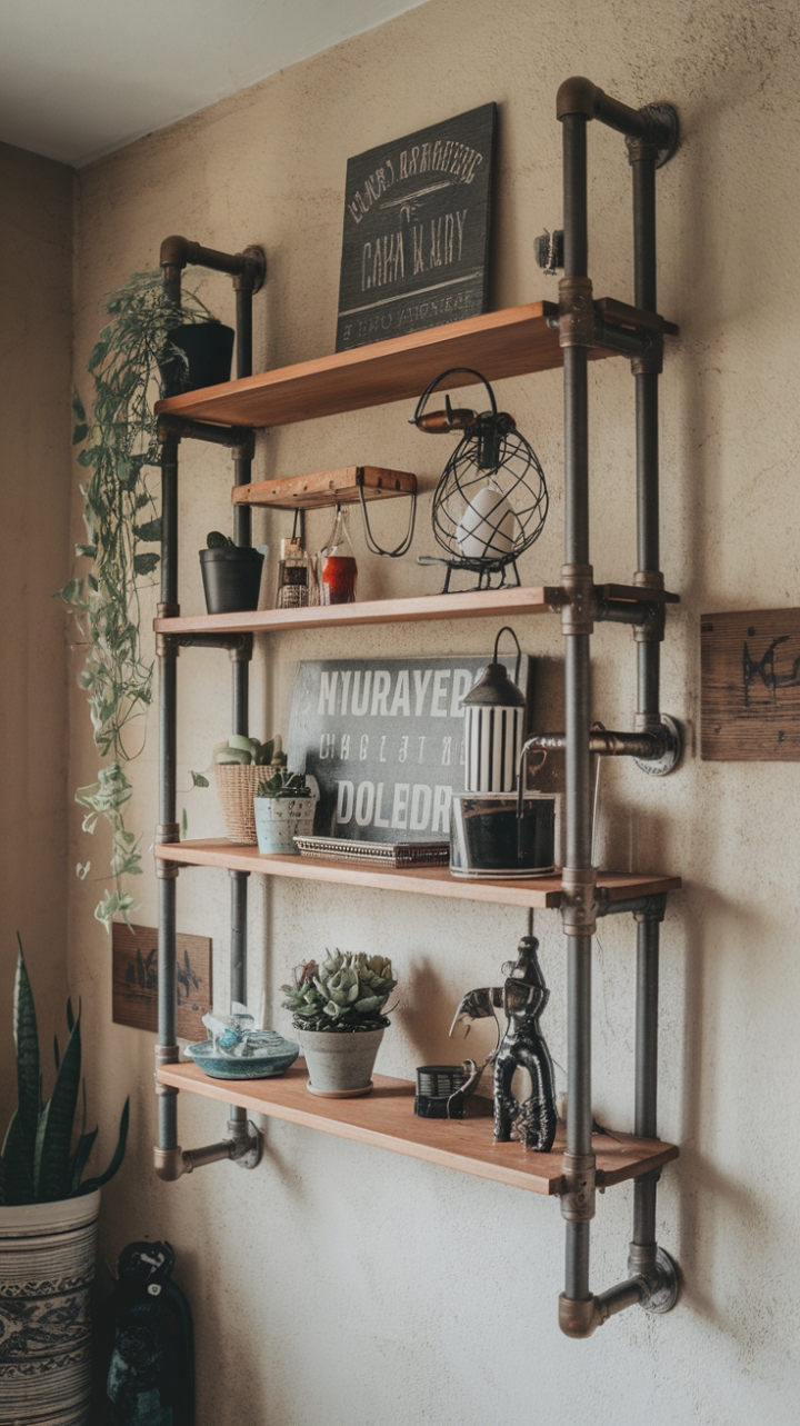 Unleash your inner urbanite with this raw, industrial pipe shelving unit. Its rugged charm, softened by the warmth of wood and a curated collection of plants and quirky finds, adds instant character to any space. The perfect blend of vintage grit and modern style.