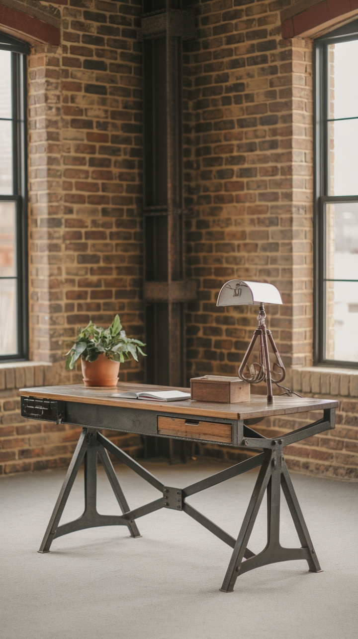 Raw, refined, and undeniably cool. This vintage industrial desk, a masterpiece of reclaimed wood and steel, anchors a loft workspace that's both minimalist and brimming with character. Exposed brick, a structural steel beam, and a curated collection of vintage finds complete the look—a testament to the enduring allure of industrial chic.