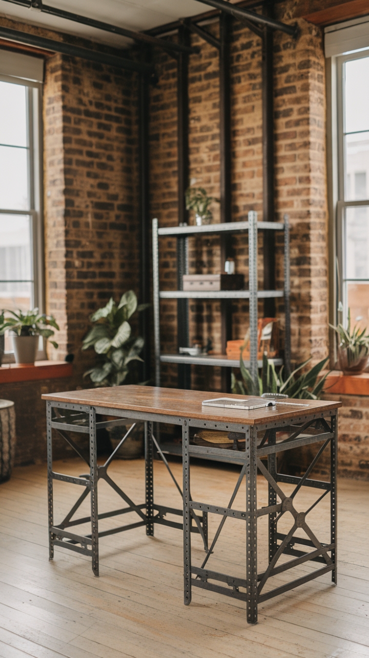 Imagine yourself working amidst the character of exposed brick and steel beams, your creativity fueled by the unique beauty of this reclaimed wood and metal desk. Potted plants add a touch of life to this industrial haven, proving that functionality and style can coexist beautifully in a truly inspiring workspace.