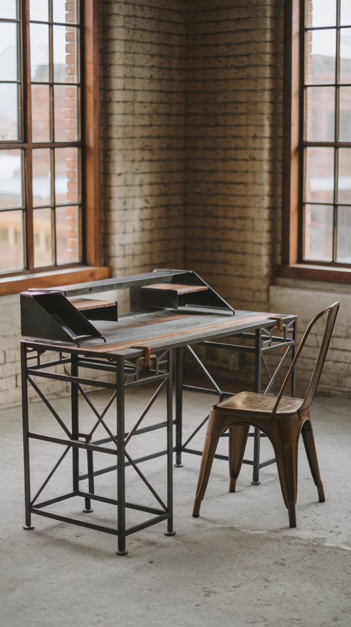 Exposed brick, concrete floors, and a steel chair complete the look, offering a sophisticated blend of textures and a workspace that's as inspiring as it is functional.
