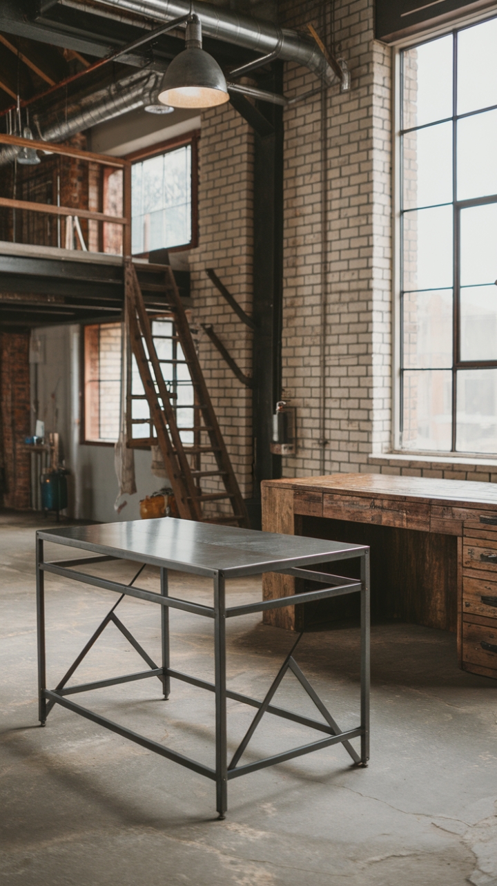 Ready to transform your workspace? Imagine the raw, industrial charm of a metal-framed desk, its steel top gleaming under a soaring loft ceiling. A reclaimed wood desk, rich with rustic texture, sits nearby, bathed in natural light streaming through a nearby window. Exposed brick, a pipe-light fixture, and a sturdy ladder add to the captivating blend of vintage grit and modern functionality. The concrete floor completes this inspiring haven of creativity.
