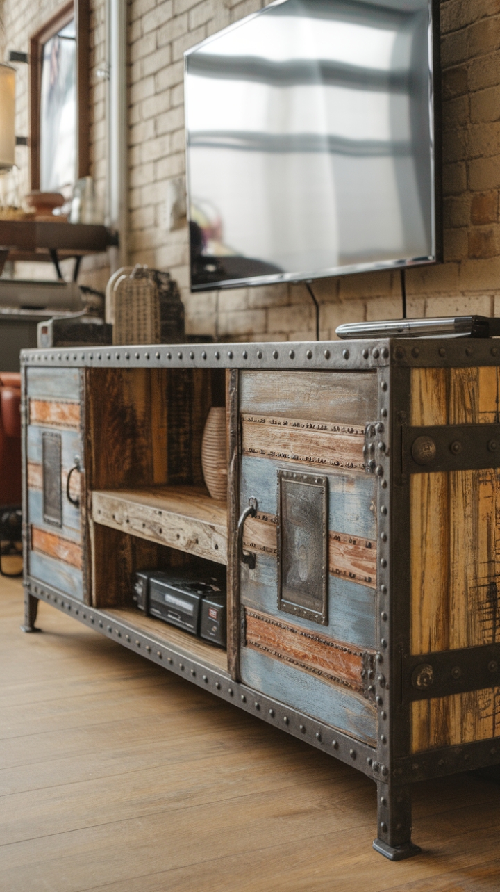 Imagine this: a vintage media console, its distressed wood whispering tales of time gone by, grounded by a sturdy metal frame. The exposed beams and metal bars add a touch of rugged industrial style, perfectly complemented by the clean lines of a wall-mounted TV. This piece isn't just furniture; it's a statement.