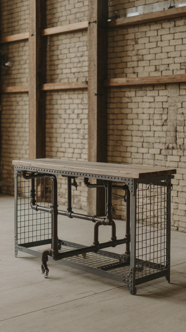 Ready to inject raw, urban cool into your space? This minimalist industrial console, a masterpiece of reclaimed wood and exposed metal, commands attention with its distressed wood top and cage-like structure. The perfect blend of rugged and refined, it's designed to anchor any warehouse-chic or loft-style living room.