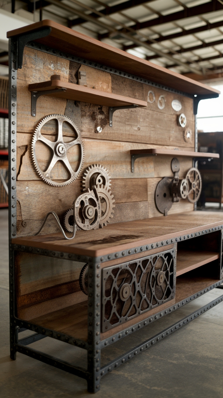 Ready to unleash your inner industrial chic? This vintage TV stand, a masterpiece of reclaimed wood and gleaming metal gears, is the perfect blend of rustic charm and steampunk sophistication. Its distressed finish and open shelving offer both character and functionality, making it a statement piece for any loft, warehouse conversion, or space craving unique personality.