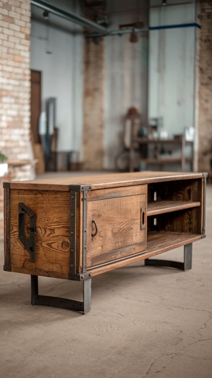 Imagine this: A vintage media console, its distressed wood whispering tales of time gone by, takes center stage against a backdrop of exposed brick. The lofted design, complete with striking metal brackets and a substantial wooden top, adds a touch of rugged elegance. Its asymmetrical silhouette—two metal legs on one side, a lower shelf on the other—is a testament to unique design. This piece isn't just furniture; it's a statement.