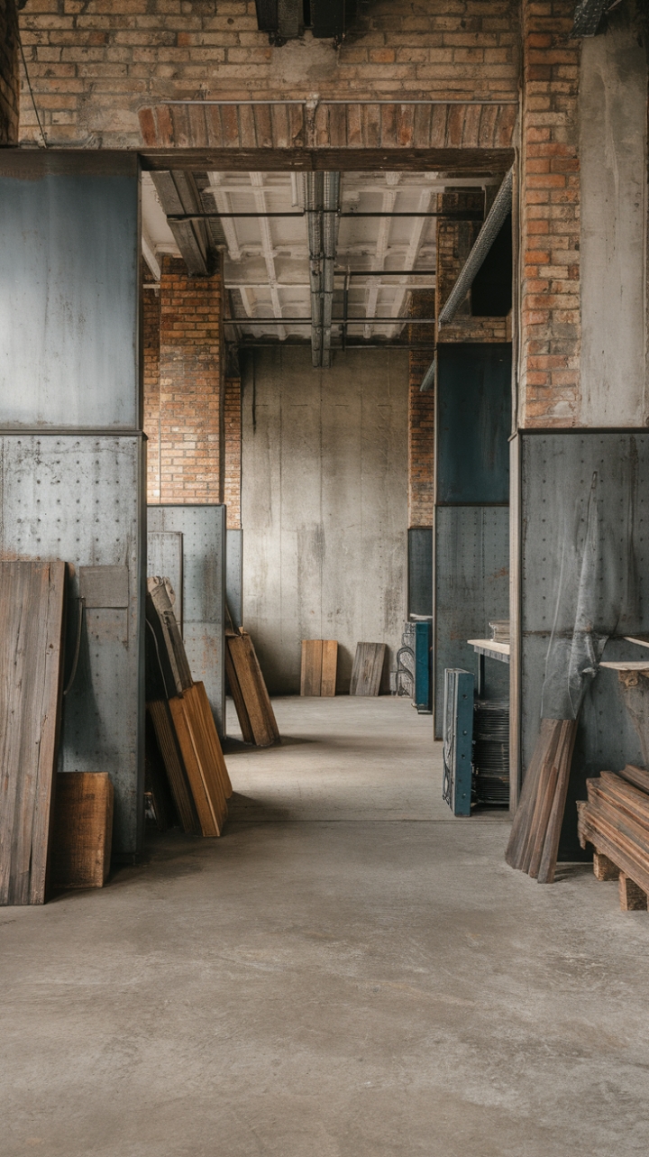 Craving a space that's both bold and beautiful? This warehouse-inspired haven boasts a captivating blend of industrial grit and refined style. The distressed concrete, exposed brick, and scattered raw materials tell a story of urban cool, while the bright lighting keeps the space feeling open and inviting. Pure industrial perfection.