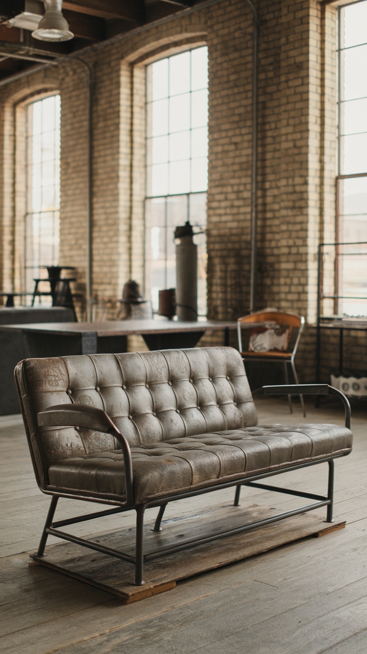 Raw urban grit meets refined industrial chic. This vintage sofa, a masterpiece of distressed leather and exposed metal, anchors a loft space brimming with character. Reclaimed wood, exposed brick, and minimalist accents complete the look, a testament to the beauty of lived-in style.