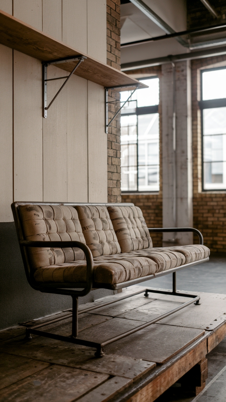 Imagine sinking into this vintage industrial sofa, its worn leather whispering tales of bygone eras. Set against a backdrop of exposed brick and soaring ceilings, this urban sanctuary is a testament to raw, minimalist beauty. The reclaimed wood platform and simple shelving add subtle layers of texture and warmth, creating a space that's both stylish and surprisingly inviting.