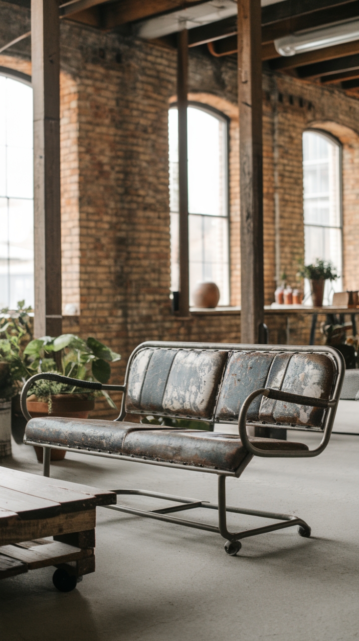 Ready to inject raw, urban cool into your living space? This vintage industrial sofa, a masterpiece of distressed leather and gleaming metal, anchors a loft-style haven defined by exposed brick and reclaimed wood. The minimalist aesthetic, punctuated by lush greenery, speaks volumes about sophisticated simplicity.