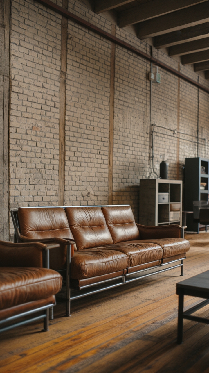 Raw urban grit meets refined vintage charm in this industrial haven. A distressed leather sofa, its metal frame gleaming, anchors the space against a backdrop of exposed brick and weathered beams. The perfect blend of textures and tones creates a living room that's both strikingly stylish and undeniably comfortable.