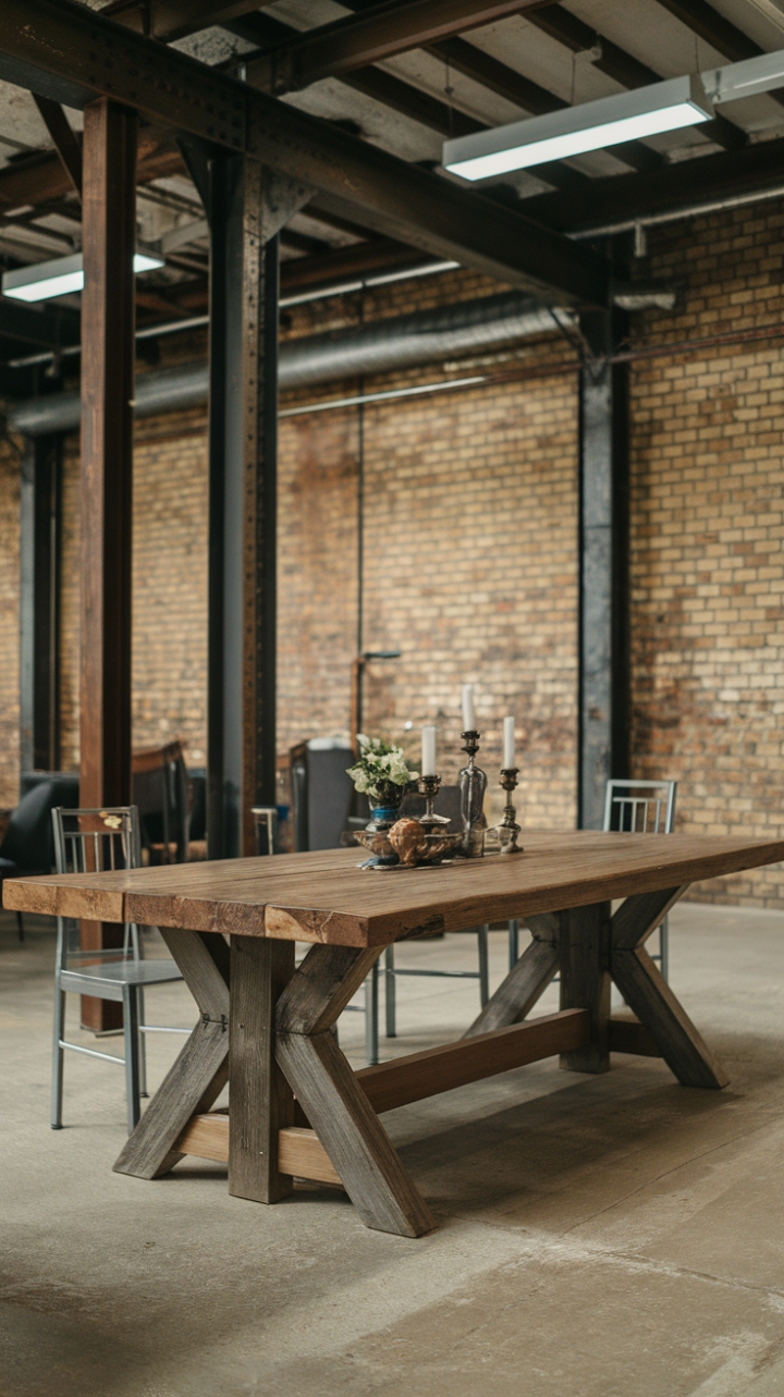Industrial strength meets rustic charm. This dining area, bathed in natural light, showcases the perfect marriage of contrasting styles. A weathered farmhouse table anchors the space, its character enhanced by the surrounding exposed brick and steel beams. The result? An undeniably stylish and inviting gathering place.