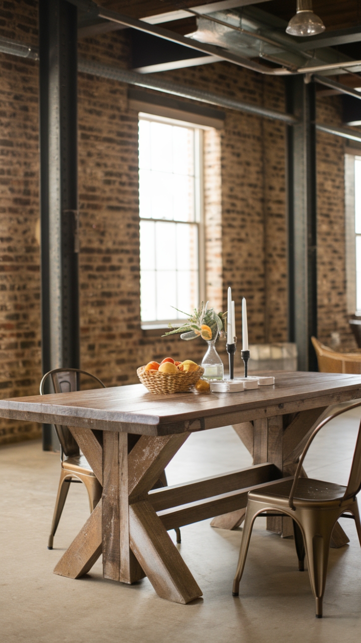 Raw industrial grit meets rustic charm in this captivating dining area. A weathered farmhouse table, a testament to enduring style, takes center stage against a backdrop of exposed brick and steel. The juxtaposition of textures—rough wood, cool metal, and warm lighting—forges a space that's both inviting and strikingly modern.