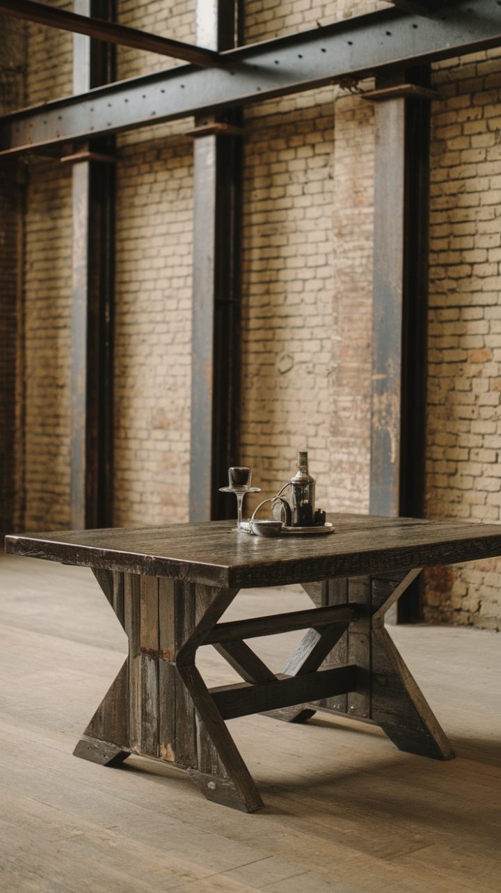 Raw, rustic, and undeniably chic. This reclaimed wood dining table commands attention in its industrial setting, the contrast of textures and tones creating a captivating focal point. Scratches and marks tell a story, adding depth and character to a piece that's as unique as it is beautiful.