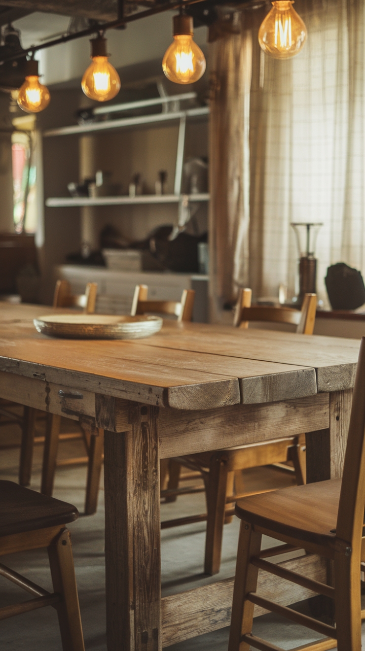Ready to fall in love with rustic charm? This reclaimed wood dining table, bathed in the warm glow of farmhouse lighting, tells a story of generations past. Scratches and all, its character shines, inviting you to gather 'round for countless memories. The perfectly imperfect details, paired with cozy accents, create a space that's both inviting and undeniably stylish.