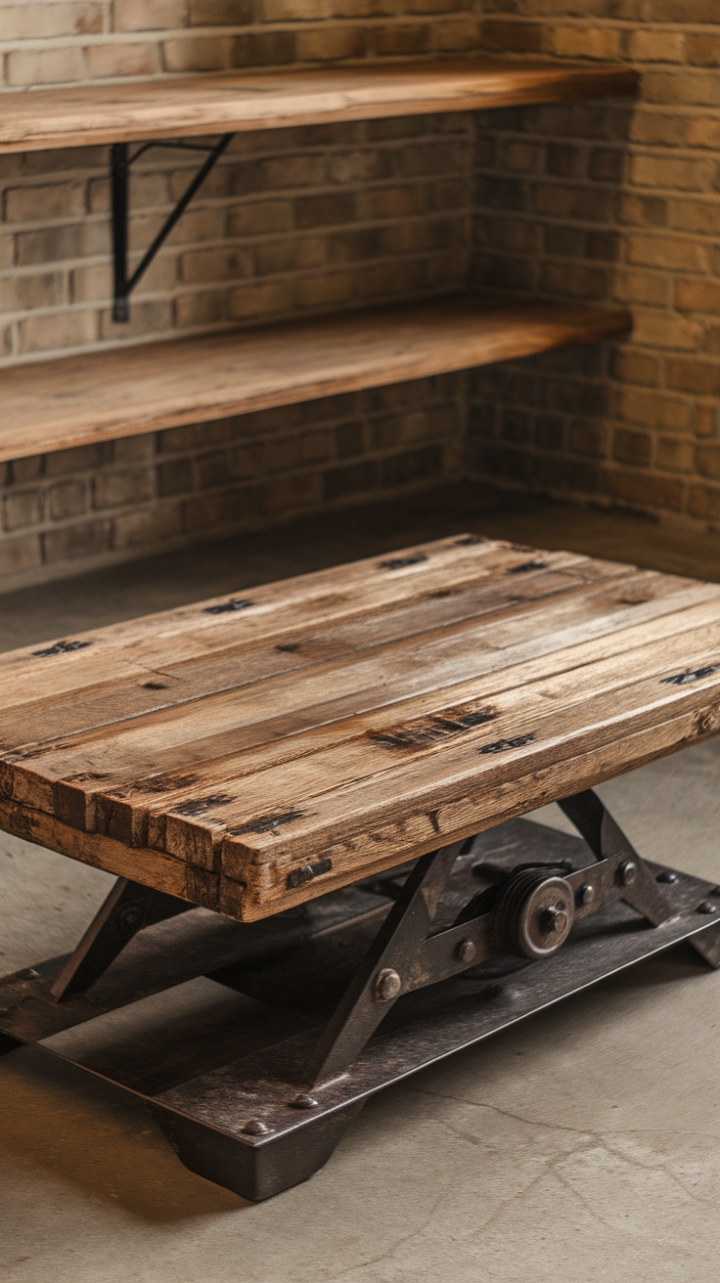 Raw, honest, and undeniably chic, this coffee table anchors a space with its rustic charm. The reclaimed wood top, bearing the marks of its history, sits proudly atop a striking industrial metal base—a marriage of textures and styles that's both unexpected and utterly captivating. The exposed brick backdrop only enhances its inherent beauty.