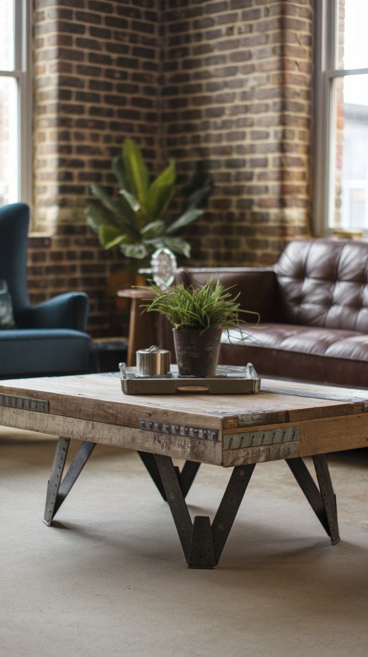 Reclaimed wood and rusty metal forge a captivating coffee table, its vintage charm perfectly complementing the raw beauty of exposed brick and concrete in this urban loft. The distressed textures and industrial lines create a space that's both lived-in and luxuriously raw.